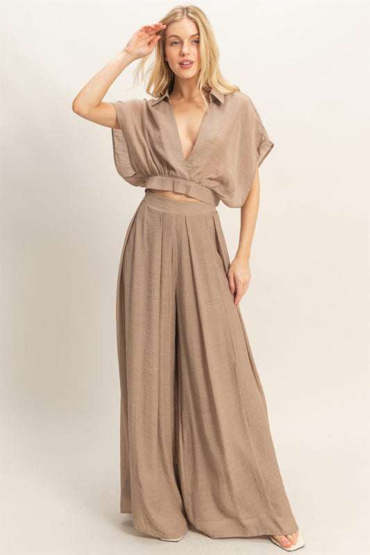 Collared Wrap Top & Wide-leg Pants Set — Light mocha
