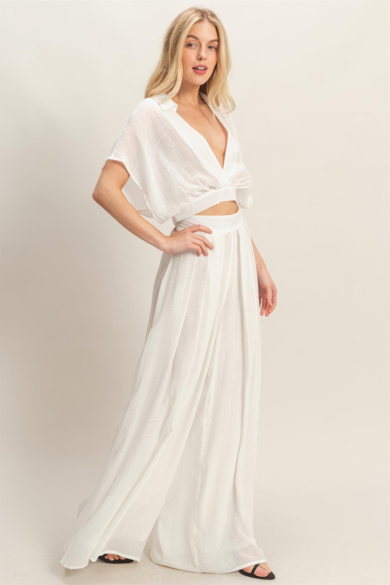Collared Wrap Top & Wide-leg Pants Set — White