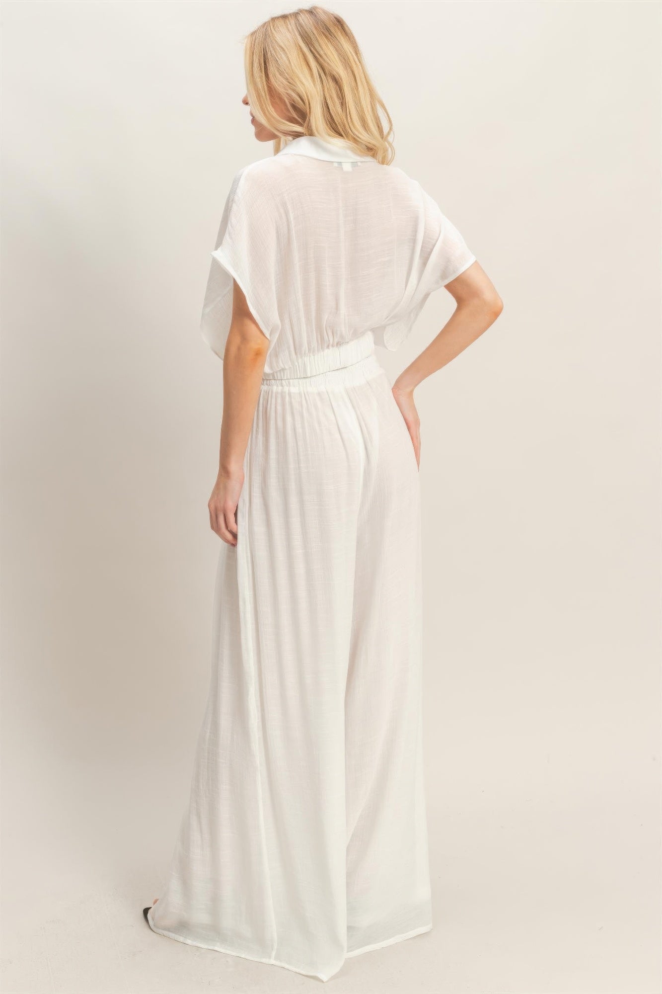 Collared Wrap Top & Wide-leg Pants Set — White