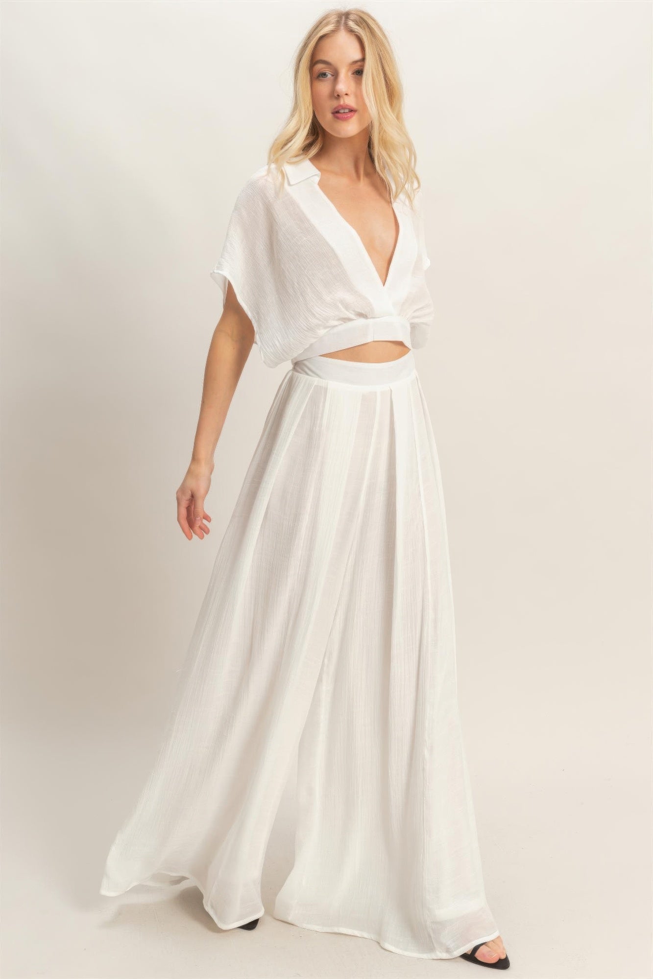 Collared Wrap Top & Wide-leg Pants Set — White