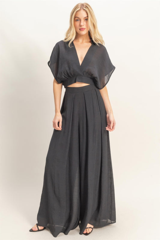 Collared Wrap Top & Wide-leg Pants Set — Black