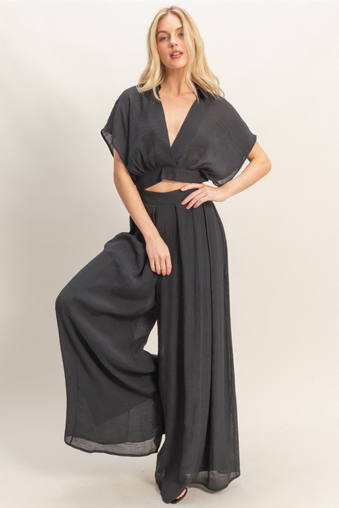 Collared Wrap Top & Wide-leg Pants Set — Black