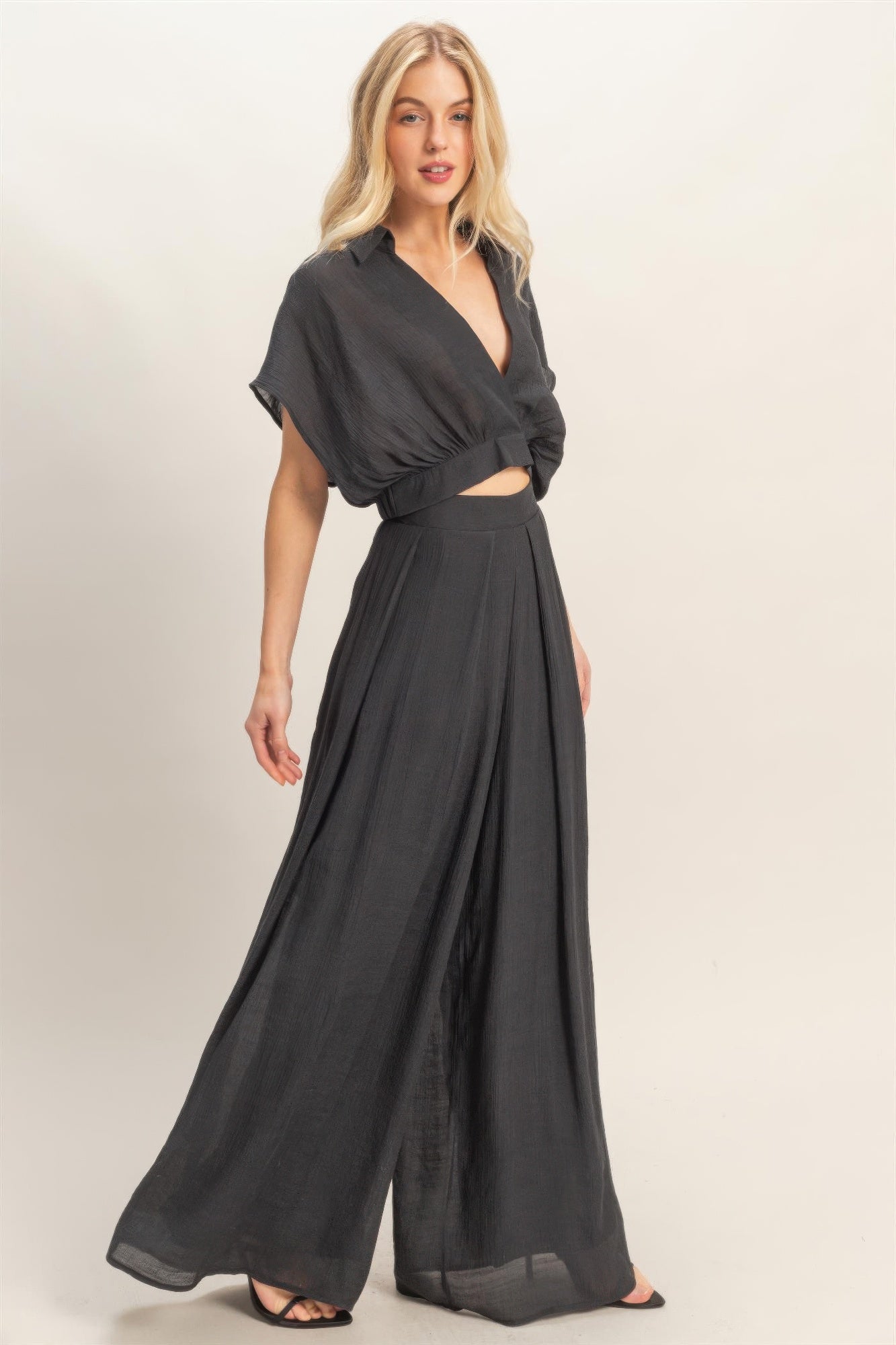 Collared Wrap Top & Wide-leg Pants Set — Black