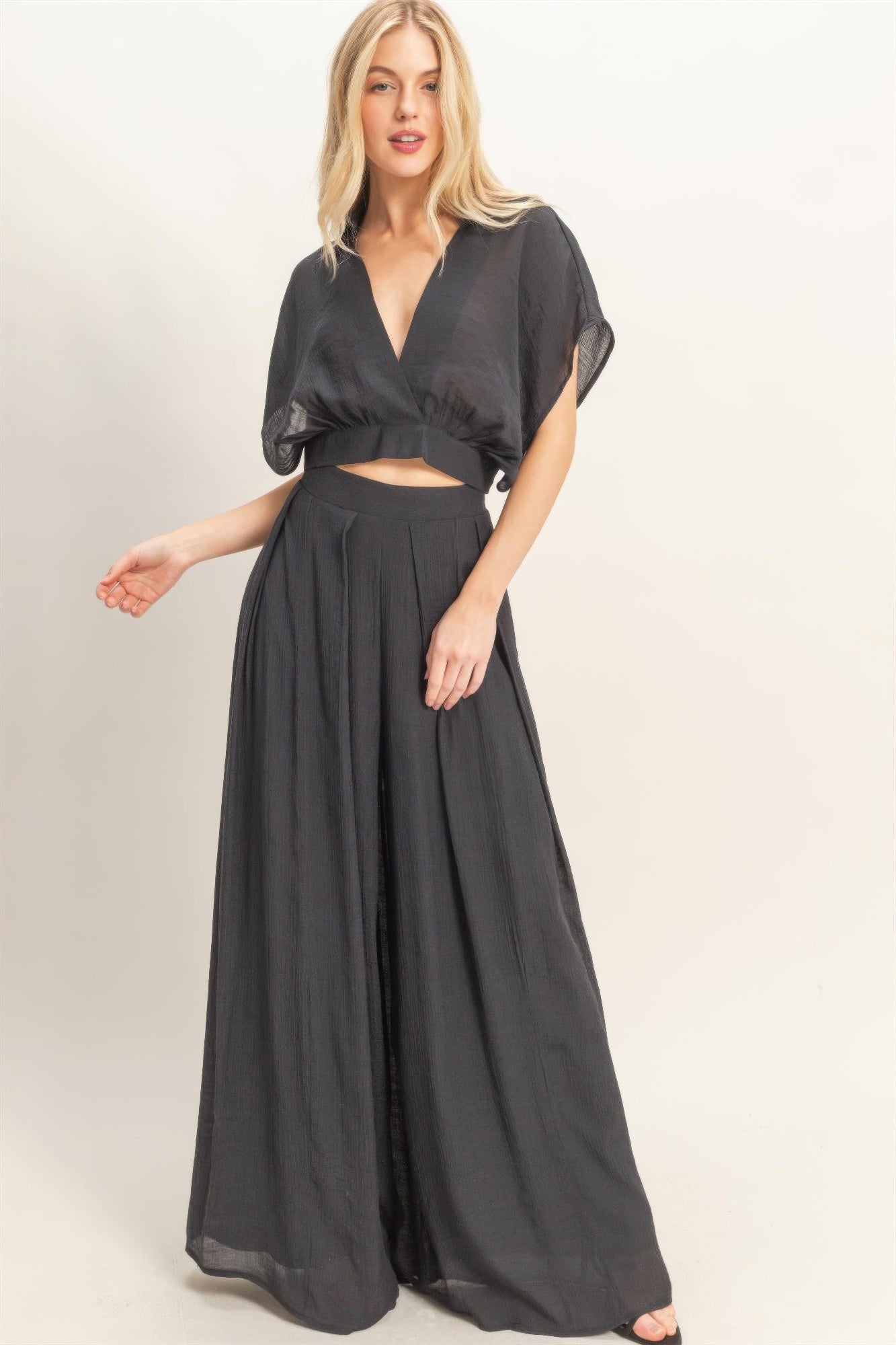 Collared Wrap Top & Wide-leg Pants Set — Black