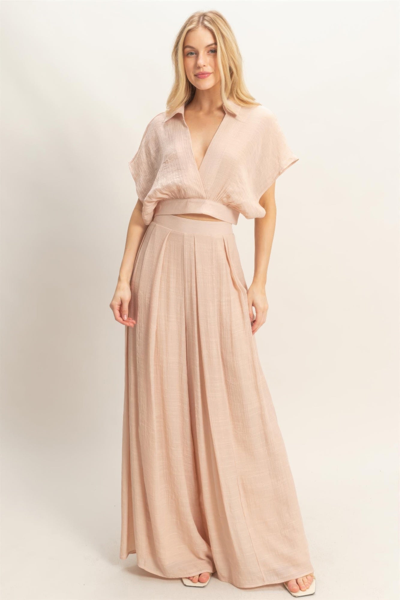 Collared Wrap Top & Wide-leg Pants Set — Almond