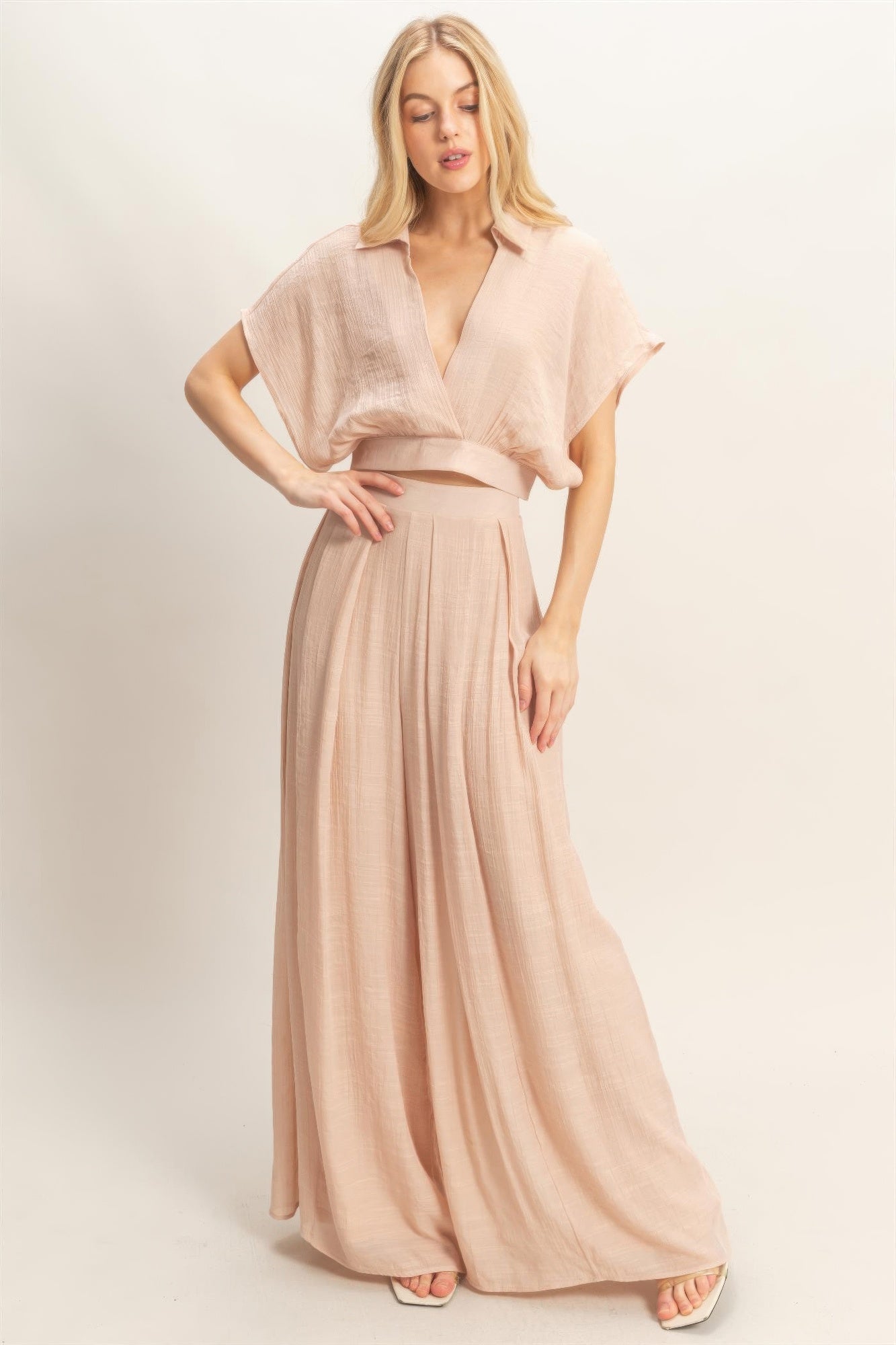 Collared Wrap Top & Wide-leg Pants Set — Almond