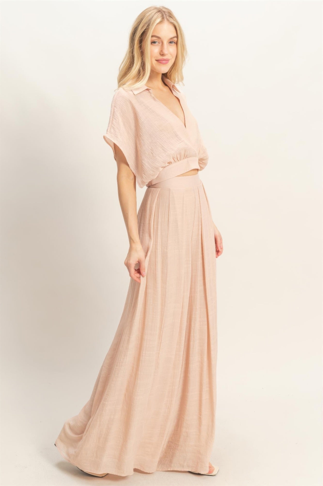 Collared Wrap Top & Wide-leg Pants Set — Almond