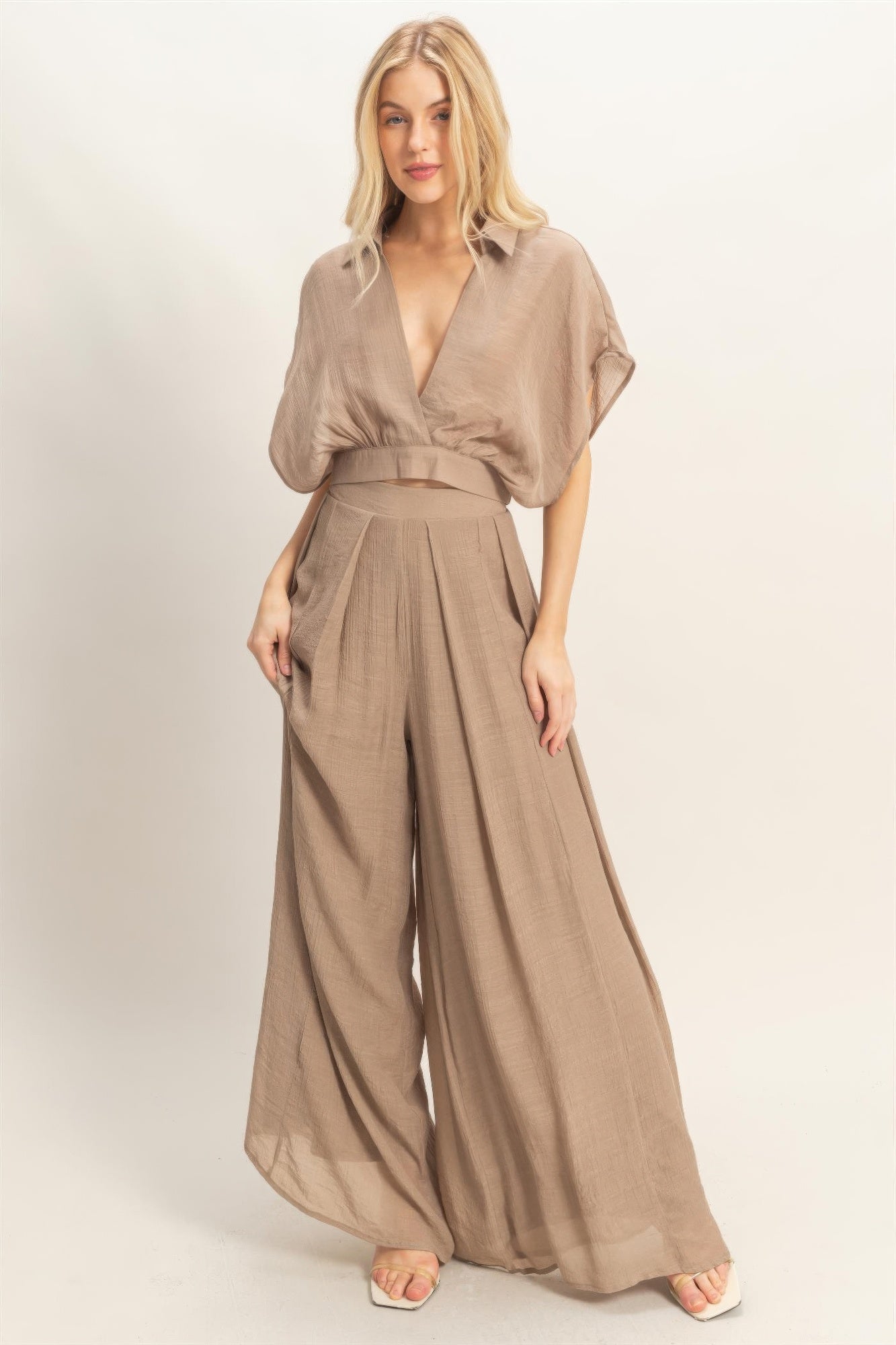 Collared Wrap Top & Wide-leg Pants Set — Light mocha