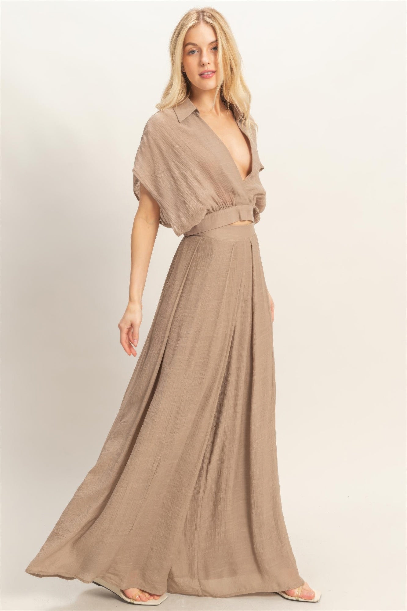 Collared Wrap Top & Wide-leg Pants Set — Light mocha