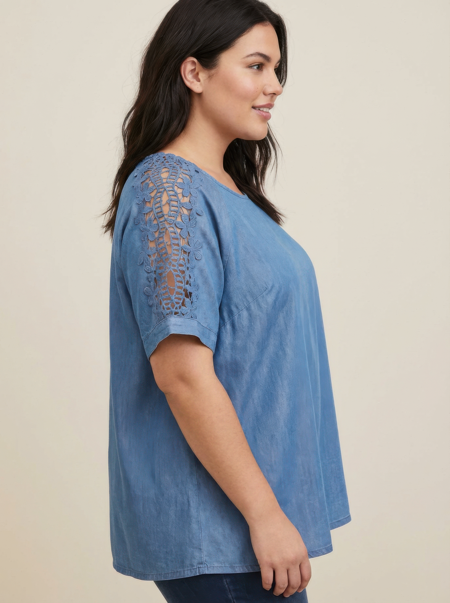 Lace Sleeve Chambray-inspired Knit Top