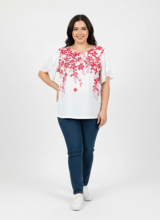 Floral Print Flutter Sleeve Knit Top — Red