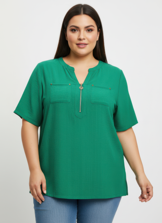 Zip-front Utility Pocket Knit Top — Green