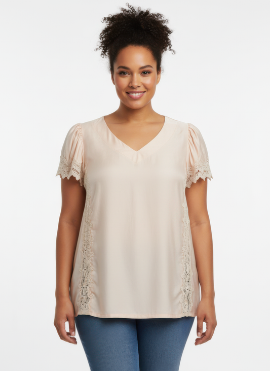 Lace Trim V-neck Short Sleeve Knit Top