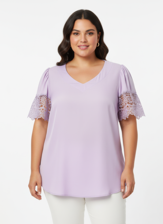 Lace Trim V-neck Short Sleeve Knit Top — Purple