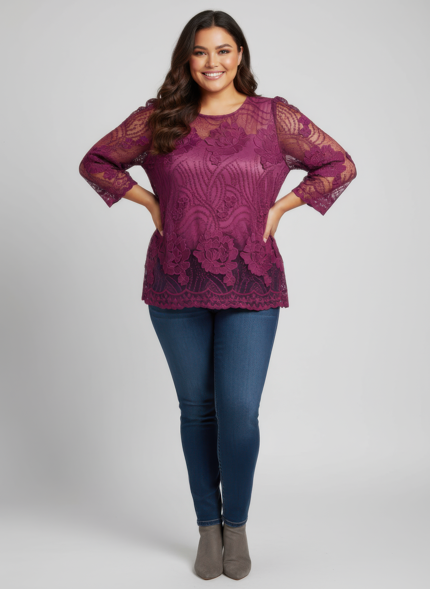 Elegant Floral Lace Sleeve Blouse — Purple