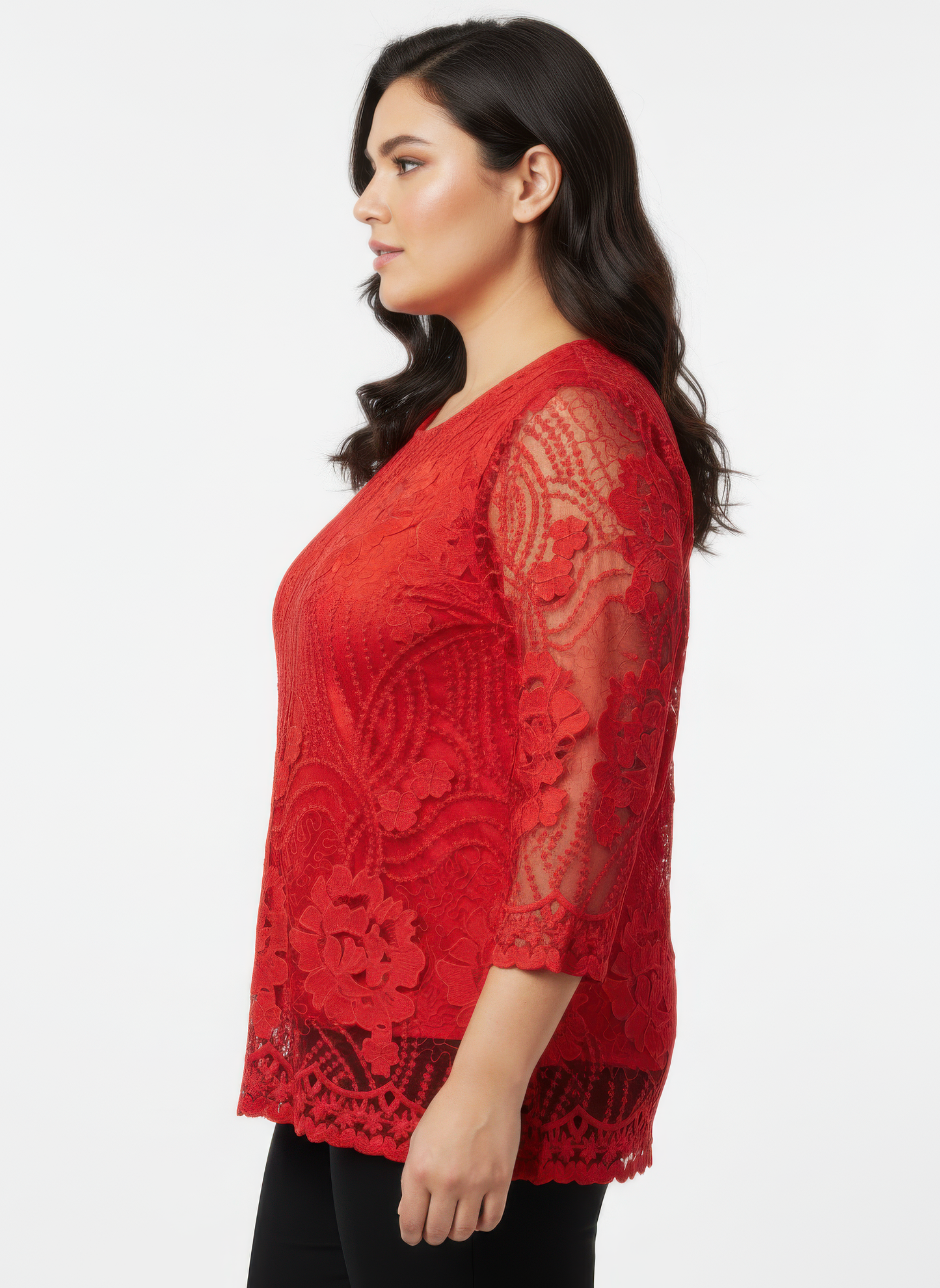 Elegant Floral Lace Sleeve Blouse — Red