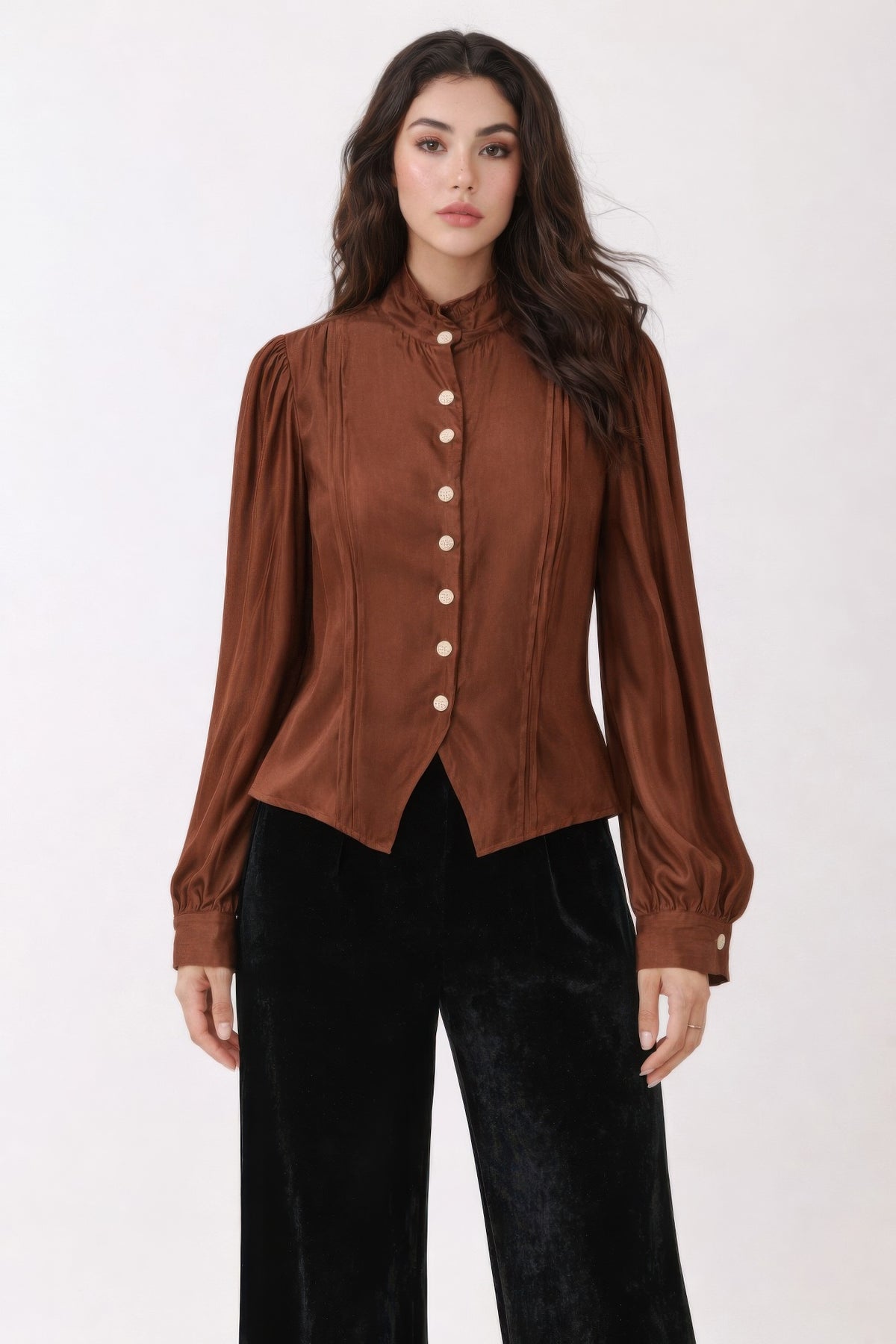 Elegant Satin-finish Victorian Button-up Top — Brown