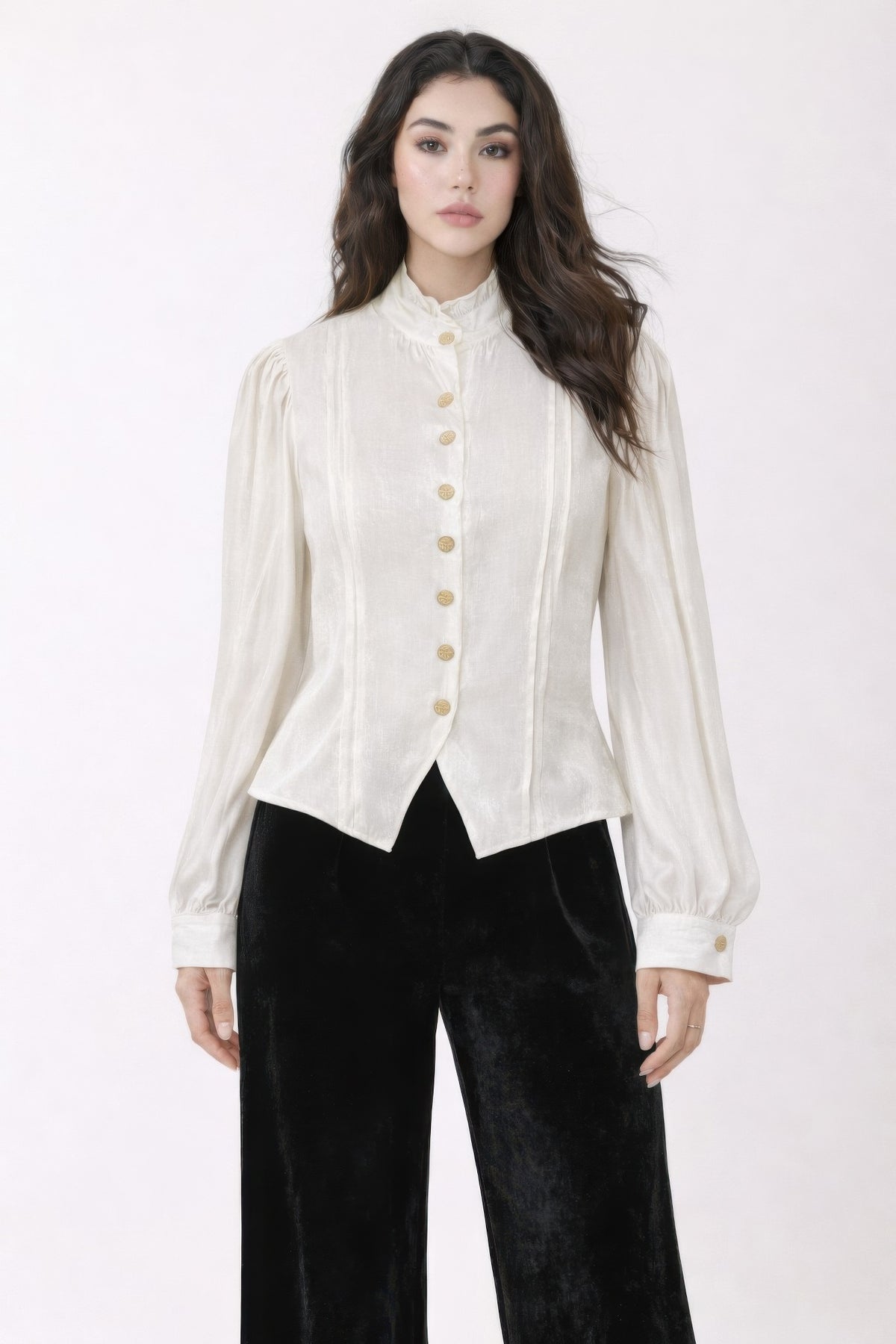 Elegant Satin-finish Victorian Button-up Top — White