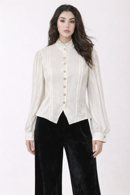 Elegant Satin-finish Victorian Button-up Top — White