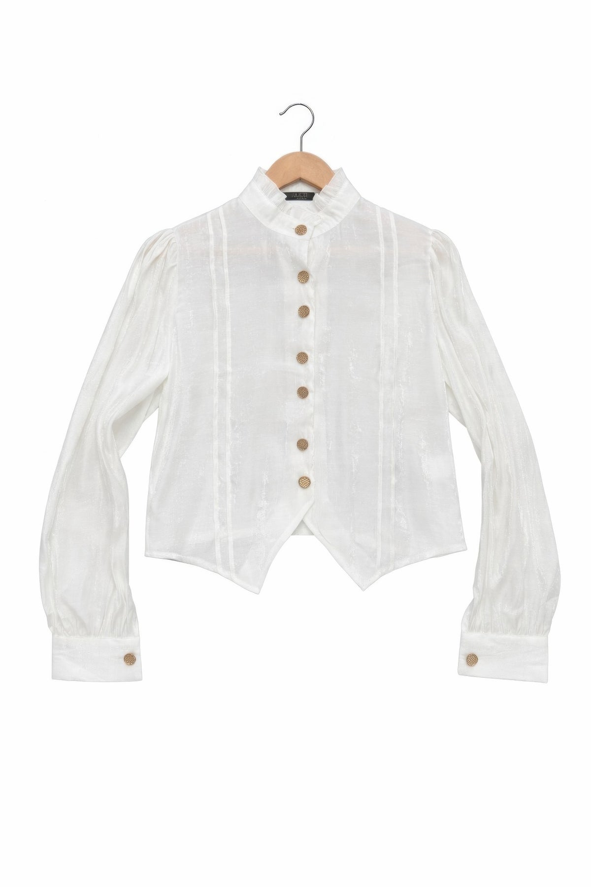 Elegant Satin-finish Victorian Button-up Top — White