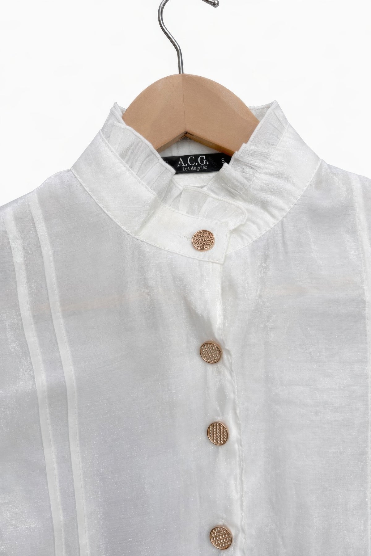 Elegant Satin-finish Victorian Button-up Top — White