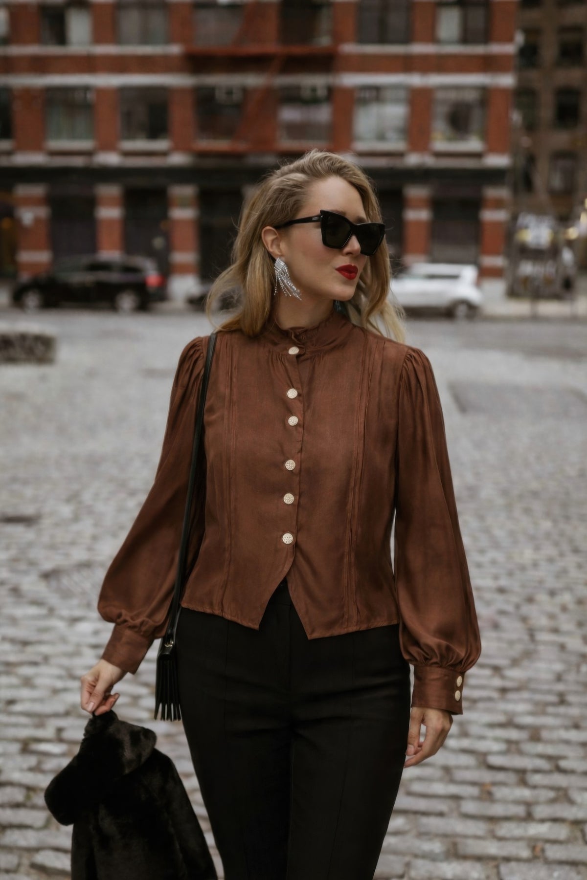 Elegant Satin-finish Victorian Button-up Top — Brown