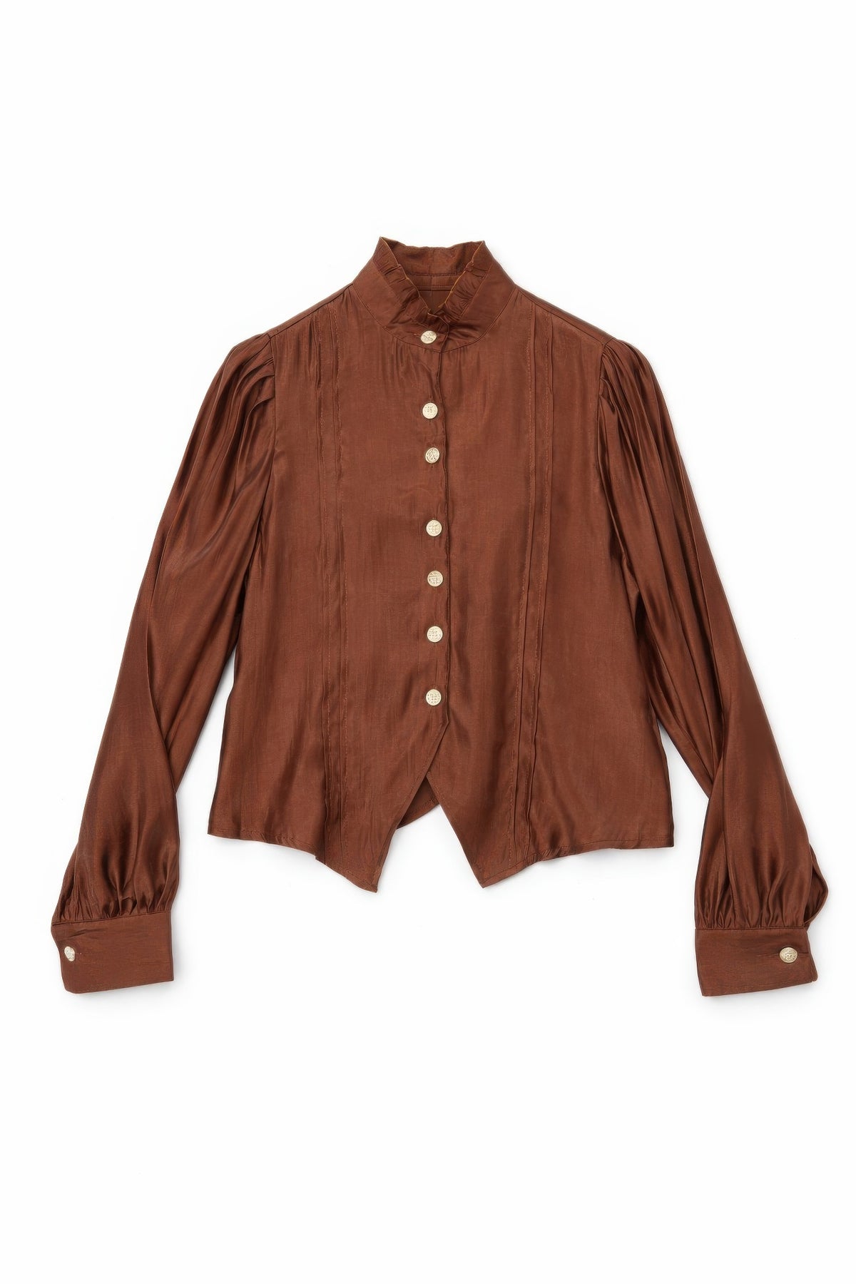 Elegant Satin-finish Victorian Button-up Top — Brown