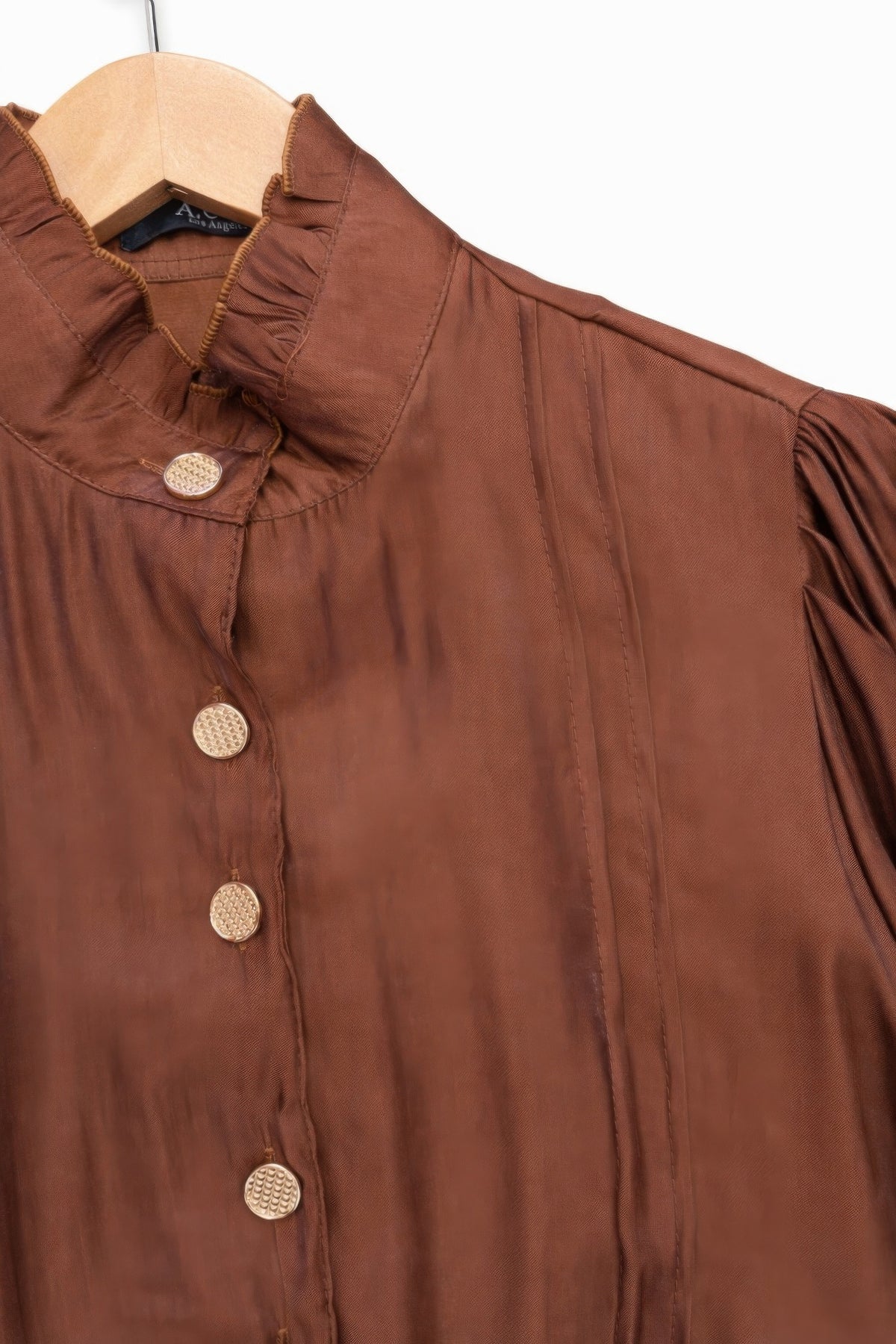 Elegant Satin-finish Victorian Button-up Top — Brown
