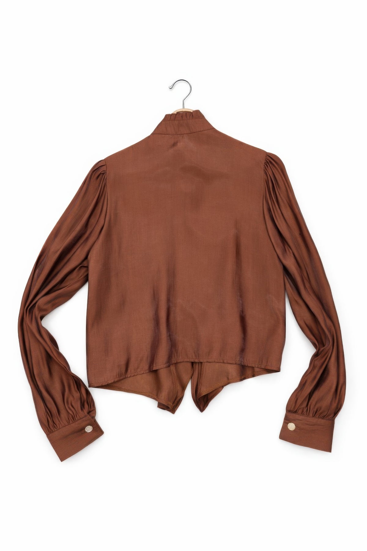 Elegant Satin-finish Victorian Button-up Top — Brown