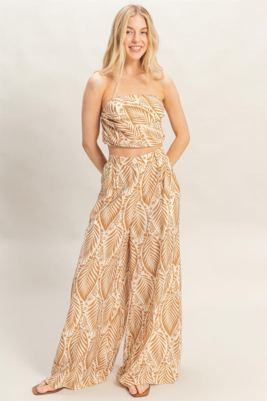 Strapless Top & Pant Print Set — Light brown
