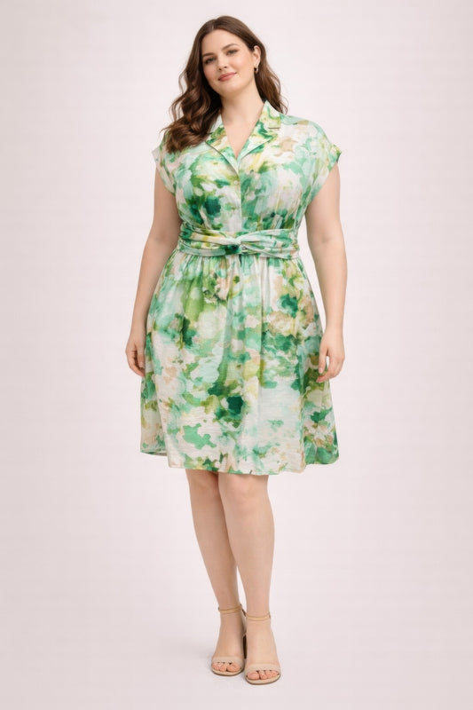 Plus Size Floral Waist Tie Shirt Dress — Style 1