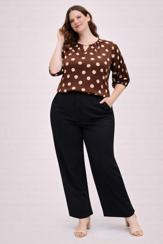 Polka Dot Split-neck Blouse With Puff Sleeves