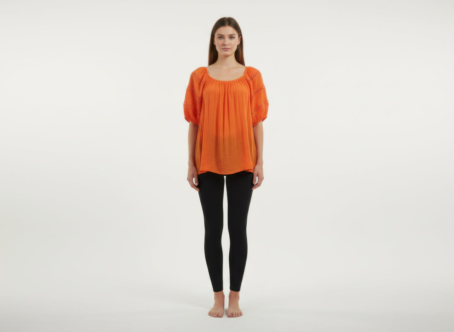 Unique Spectrum Solid Short Sleeve Blouse — Orange