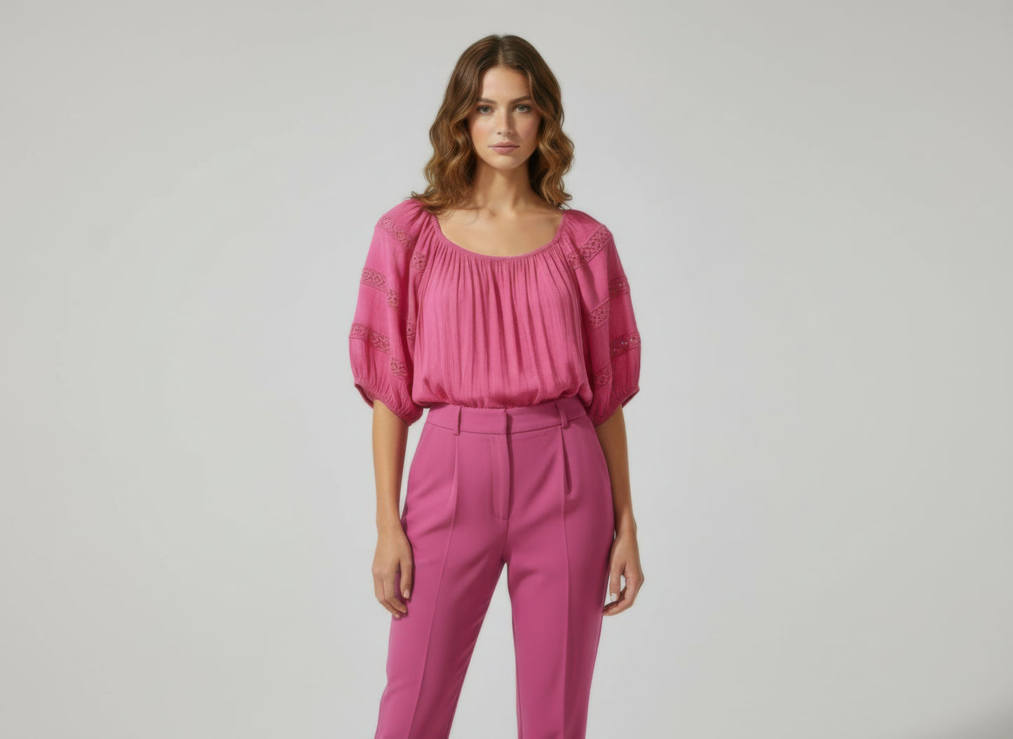 Unique Spectrum Solid Short Sleeve Blouse — Pink