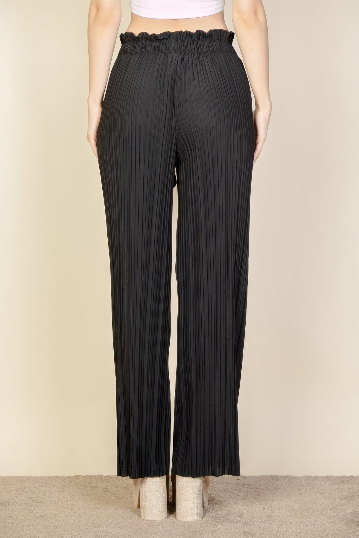 Pleated Stretch Crepe Pull-on Wide Leg Tie Front Pants
