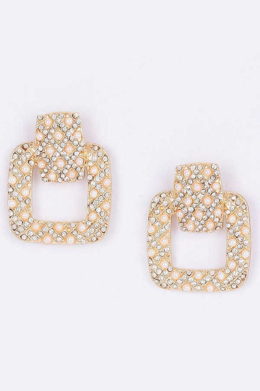 Rectangle Link Faux Pearlrhinestonedangle Earrings