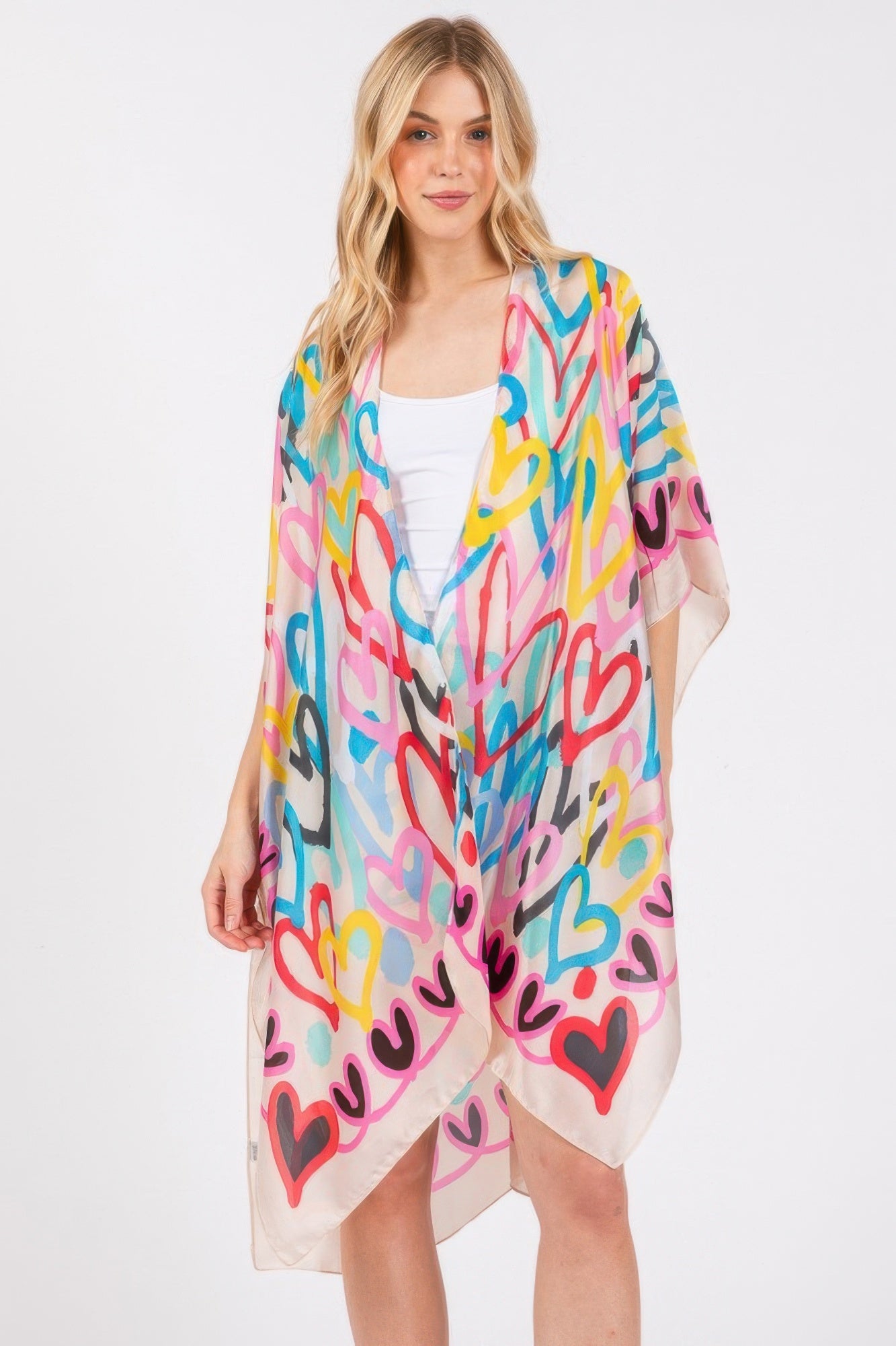 Multi Colored Heart Print Silky Feel Kimono