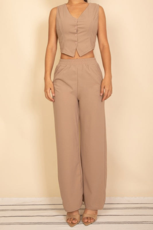 Tailored Button Vest With Adjustable Back Tie & Wide Leg Pants Set