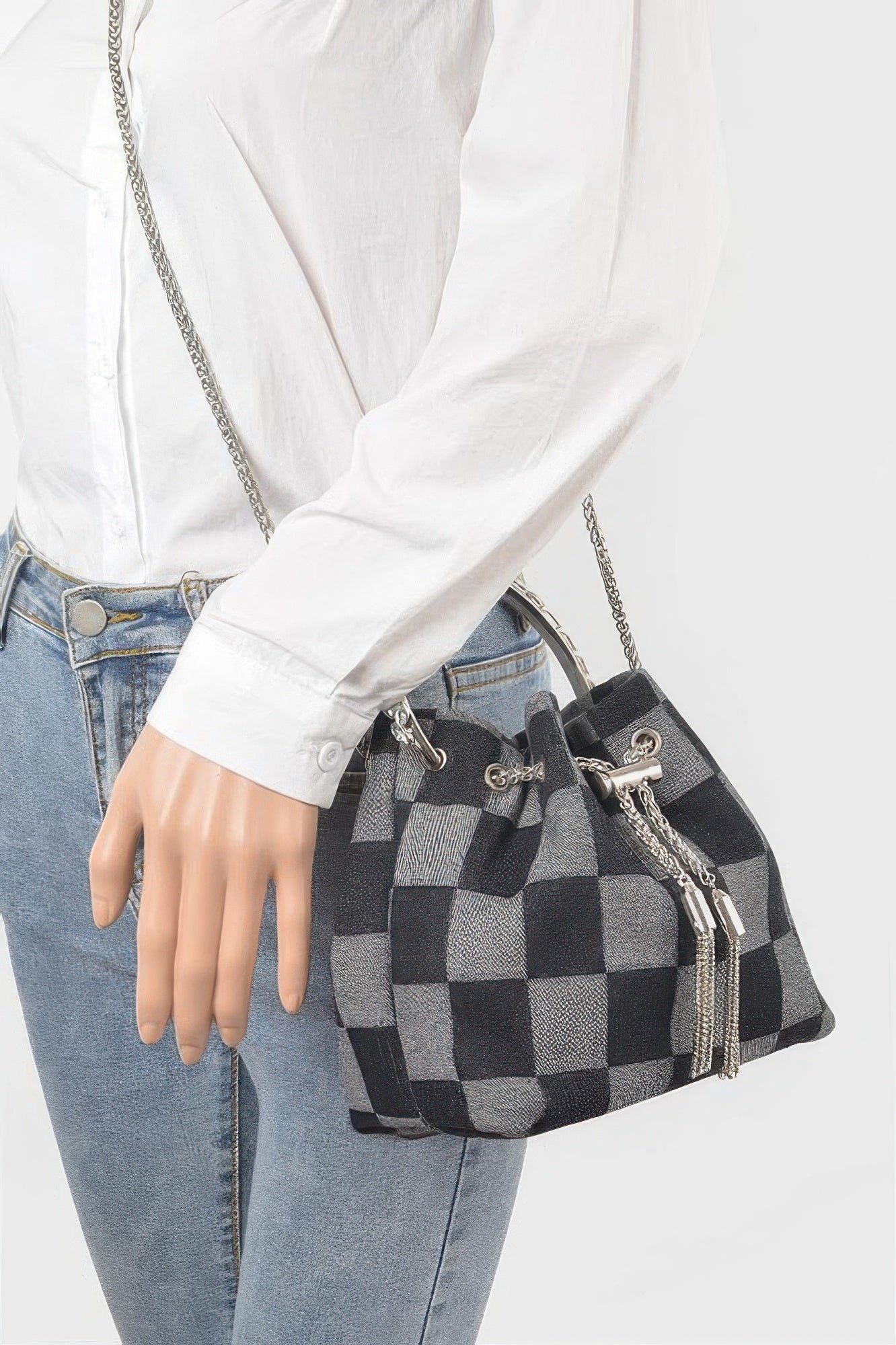 Two Tone Denim Bucket Bag W/metal Handle