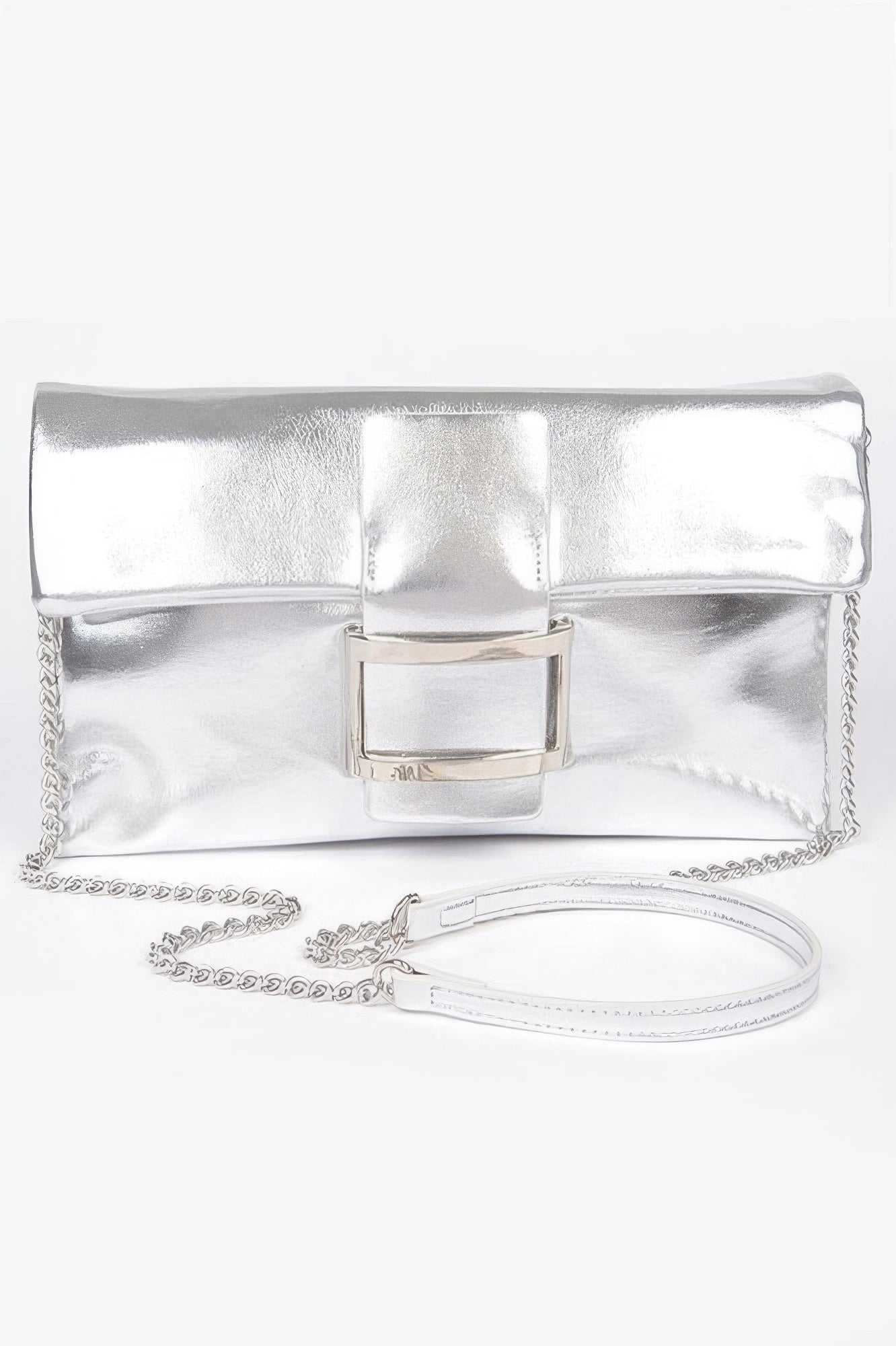 Metallic Faux Leather Metal Buckle Clutch
