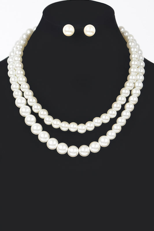 Faux Pearl Double Layered Necklace W/earring