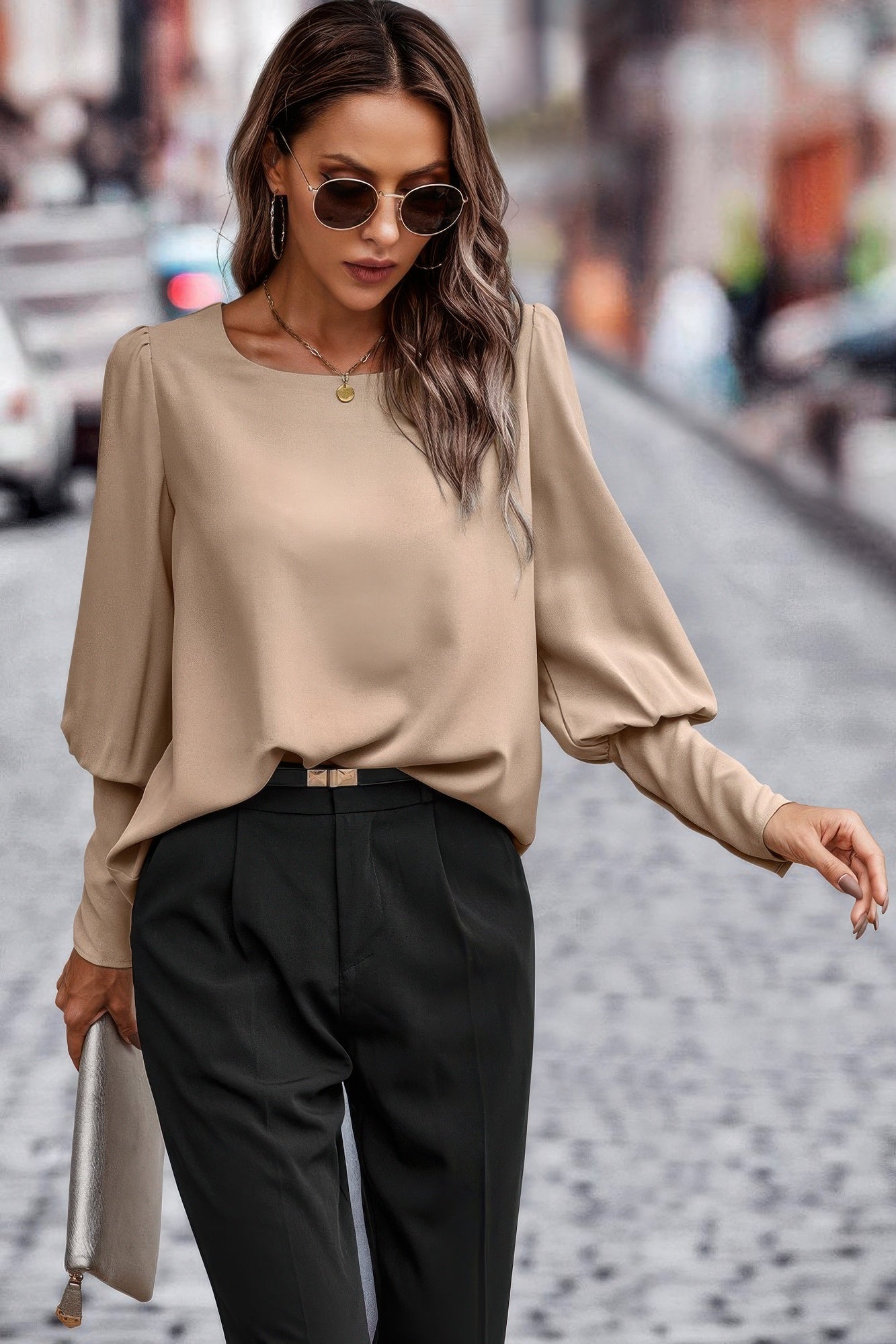 Crew Neck Solid Leg Of Mutton Sleeve Shirt