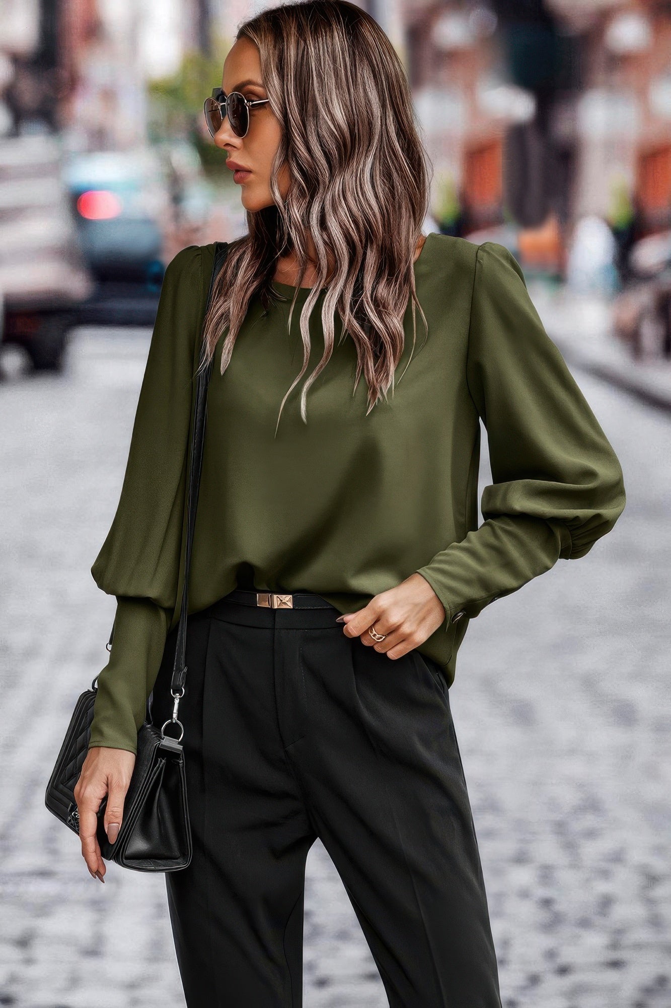 Crew Neck Solid Leg Of Mutton Sleeve Shirt