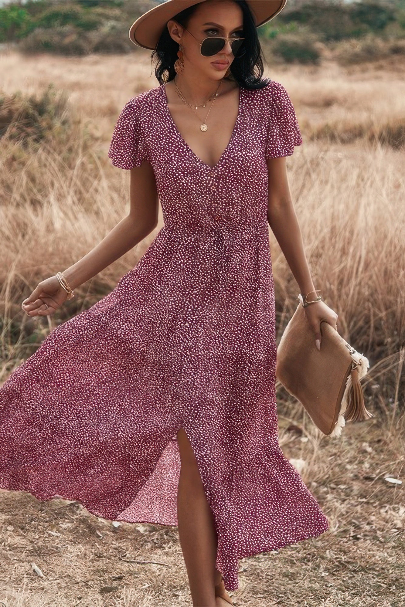 V Neck Polka Dot Short Sleeve Dress