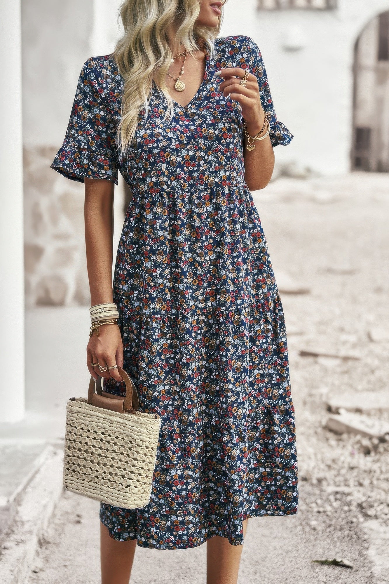 Boho Floral Ruffle Hem V Neck Short Sleeve Dress