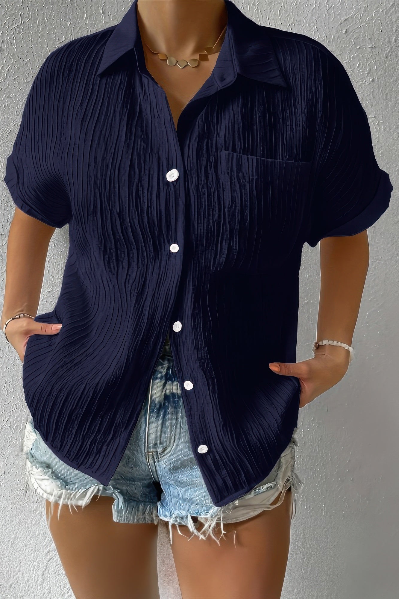 Button Down Lapel Pockets Loose Solid Shirt