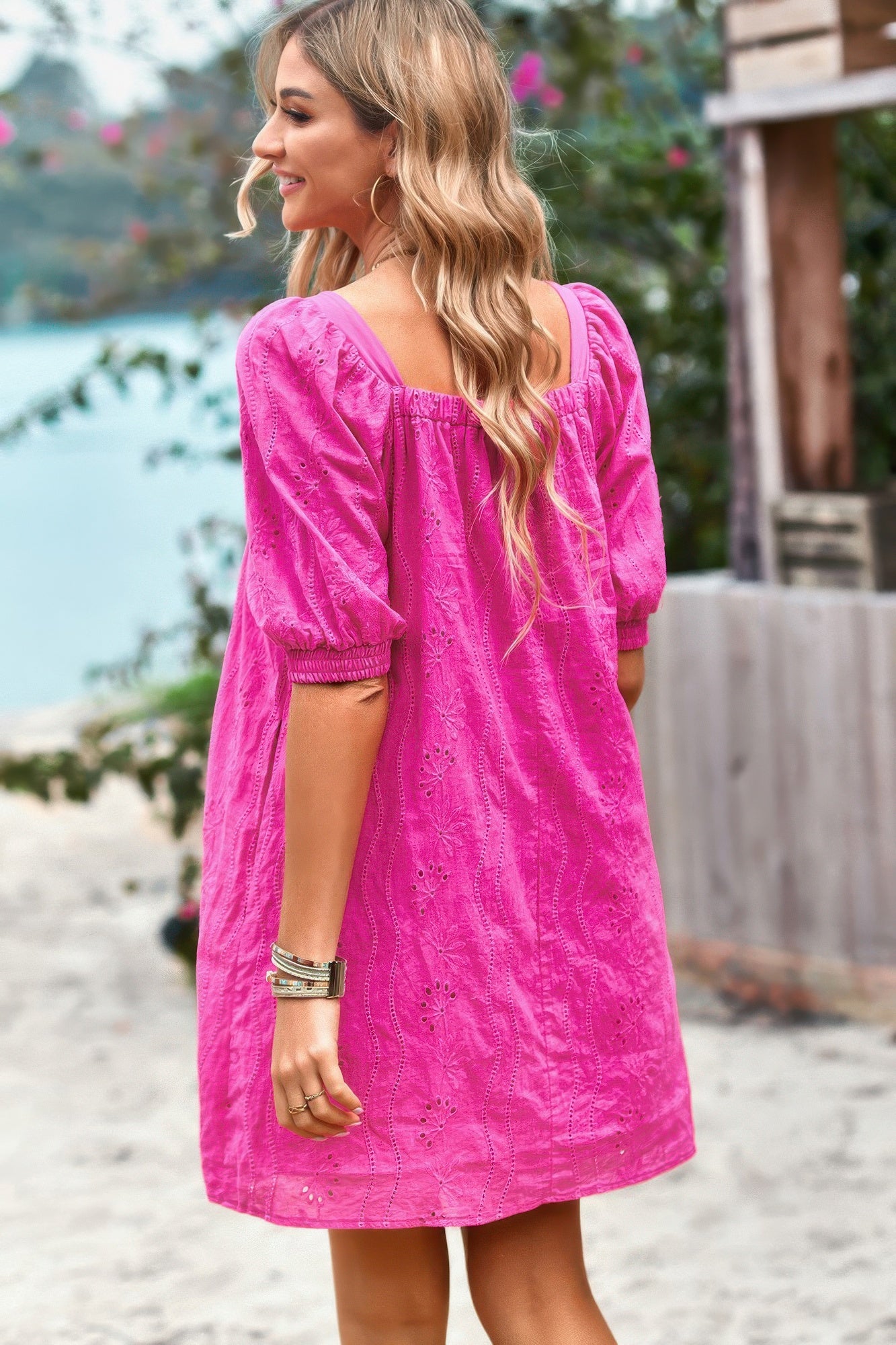 Square Neck Short Bubble Sleeve Babydoll Dress