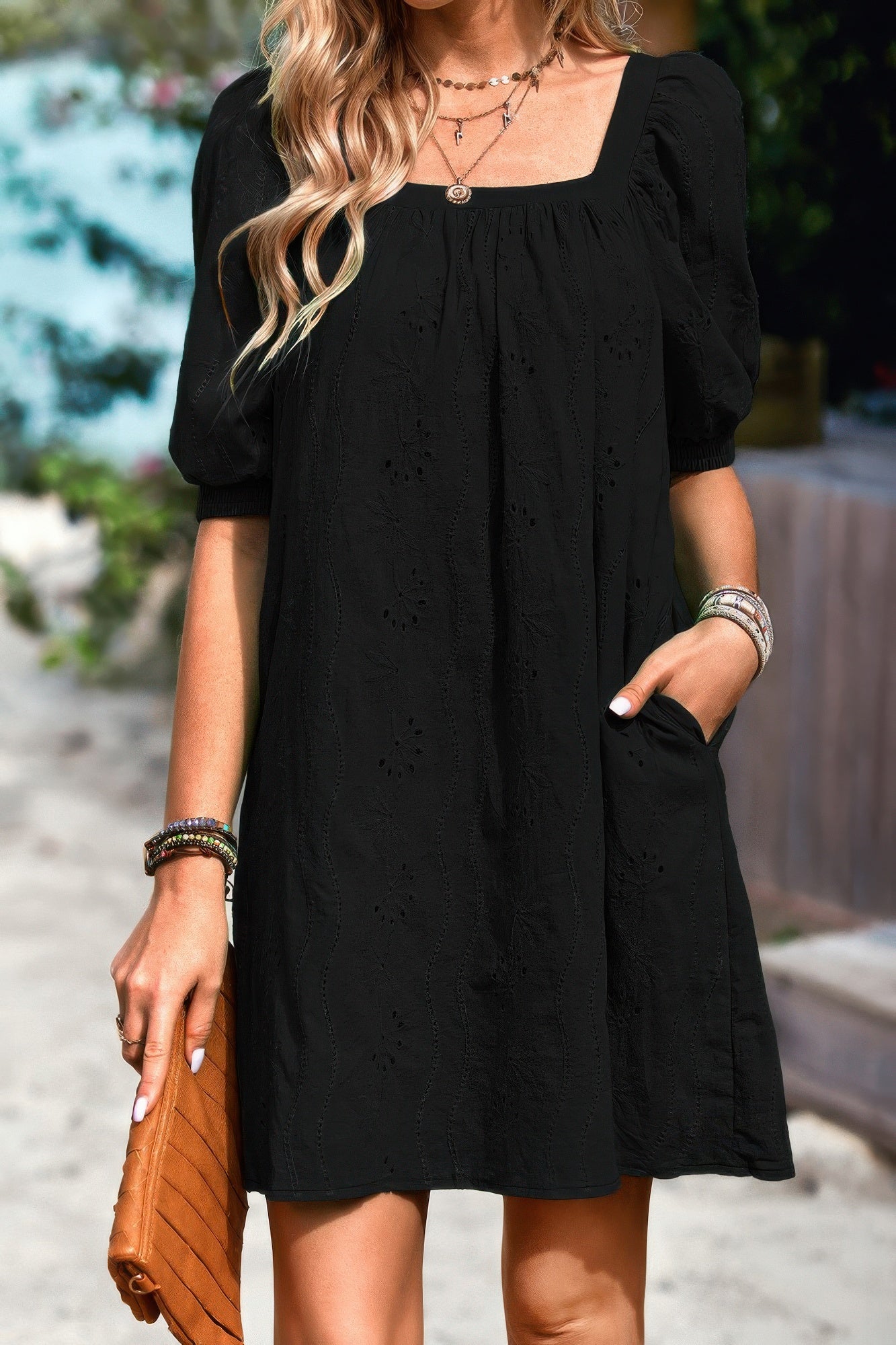 Square Neck Short Bubble Sleeve Babydoll Dress