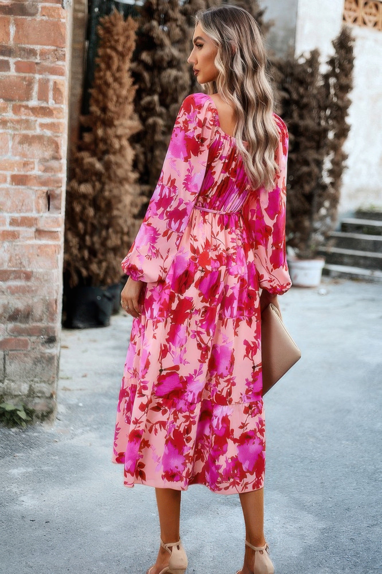 Floral High Elastic Waist Square Neck Pocket Dress