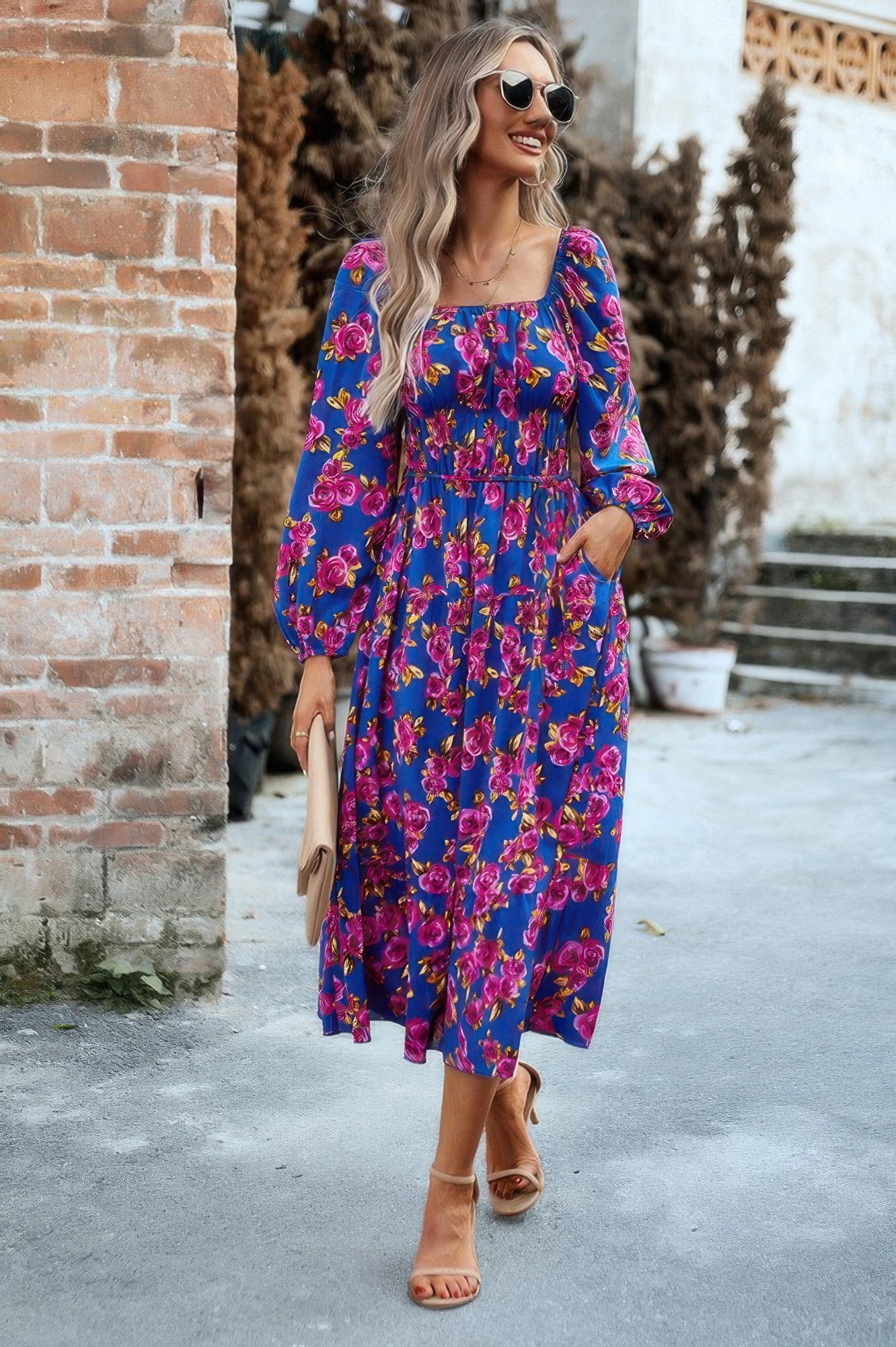 Floral High Elastic Waist Square Neck Pocket Dress